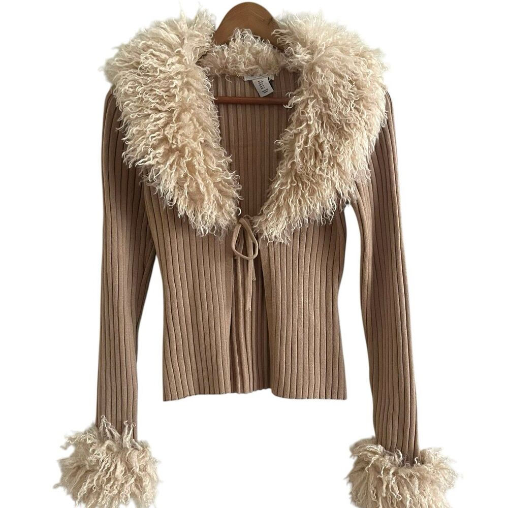 Haute Hippie Faux Fur Trim Ribbed Cardigan size M Tan Penny Lane Boho 70s - Picture 2 of 7